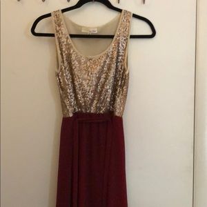 Gold and burgundy hi-lo dress